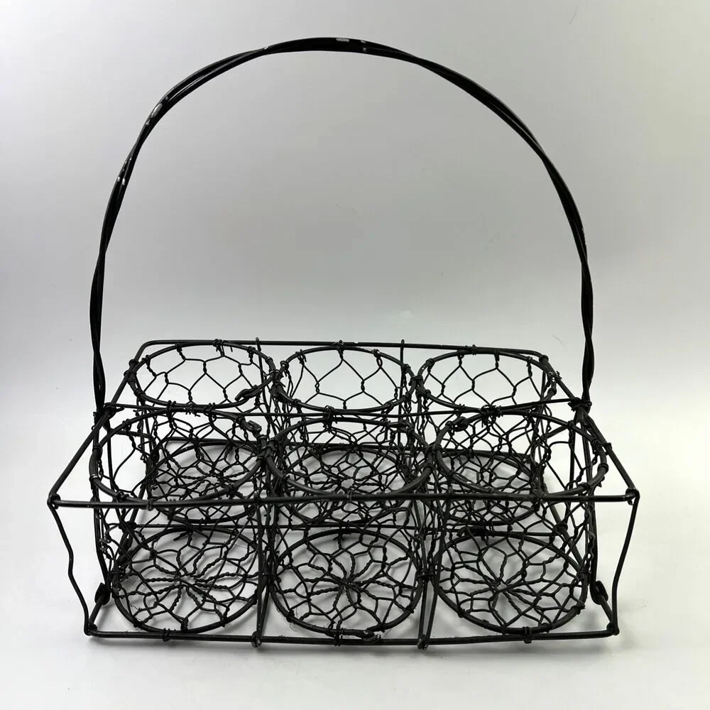 Vintage Primitive Wire Plant Herb Caddy 6 Holder Basket Twisted Galvanized Steel